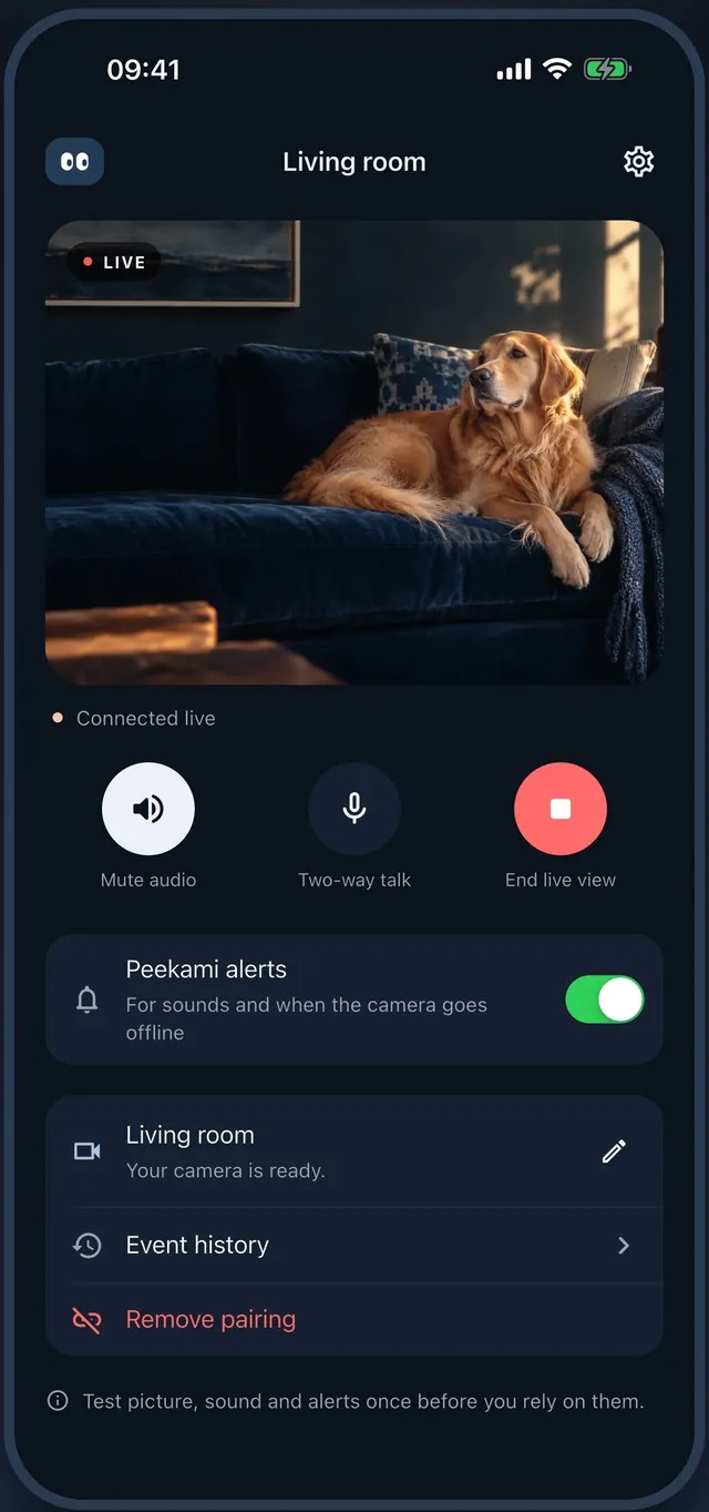 The Peekami app on an iPhone: live view from the living room with sound, talk-back and alerts.